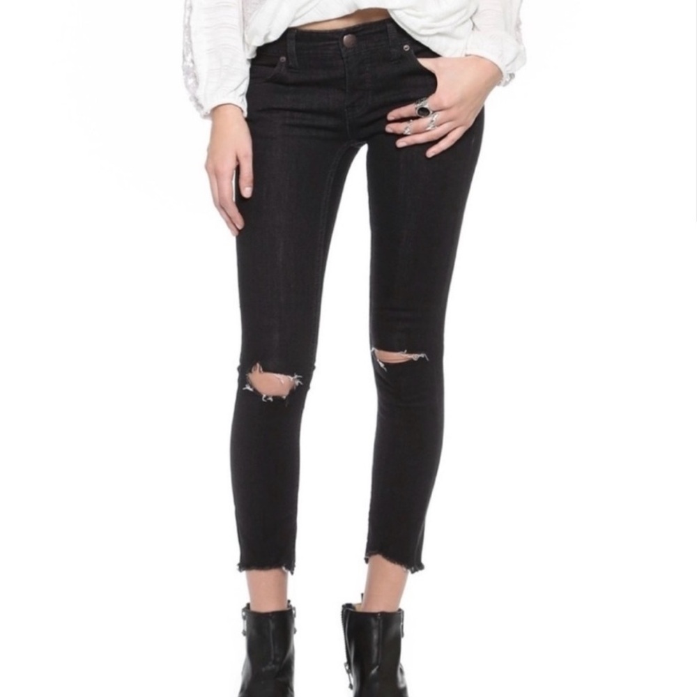 Free People Black Jeans Raw Hem Size 27 Boho Distressed